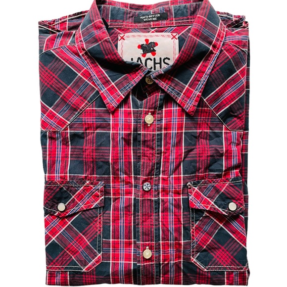 JACHS Shirt Size XL Men's X Large Red Plaid Pearl Snaps Long Sleeve Button Up - Picture 6 of 10